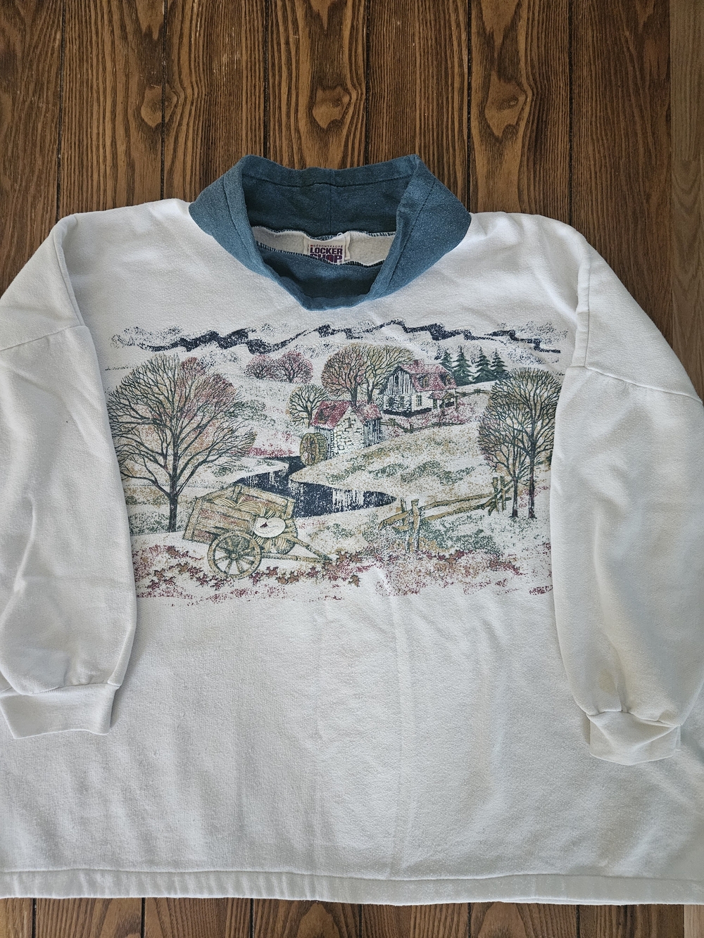 90s Style White Scenic Print Sweatshirt with Teal Collar, Size 4X